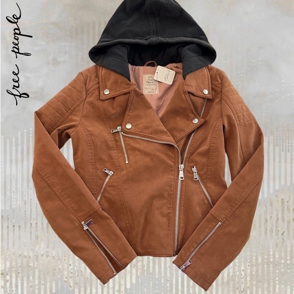 FREE PEOPLE NWT Harriett Moto-Style Brown Vegan Suede, Black Hood Jacket/Md - Picture 11 of 16